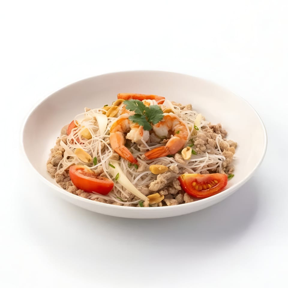 Skye Thai glass noodle salad with shrimp, ground pork, tomatoes, peanuts, and cilantro in a white bowl.